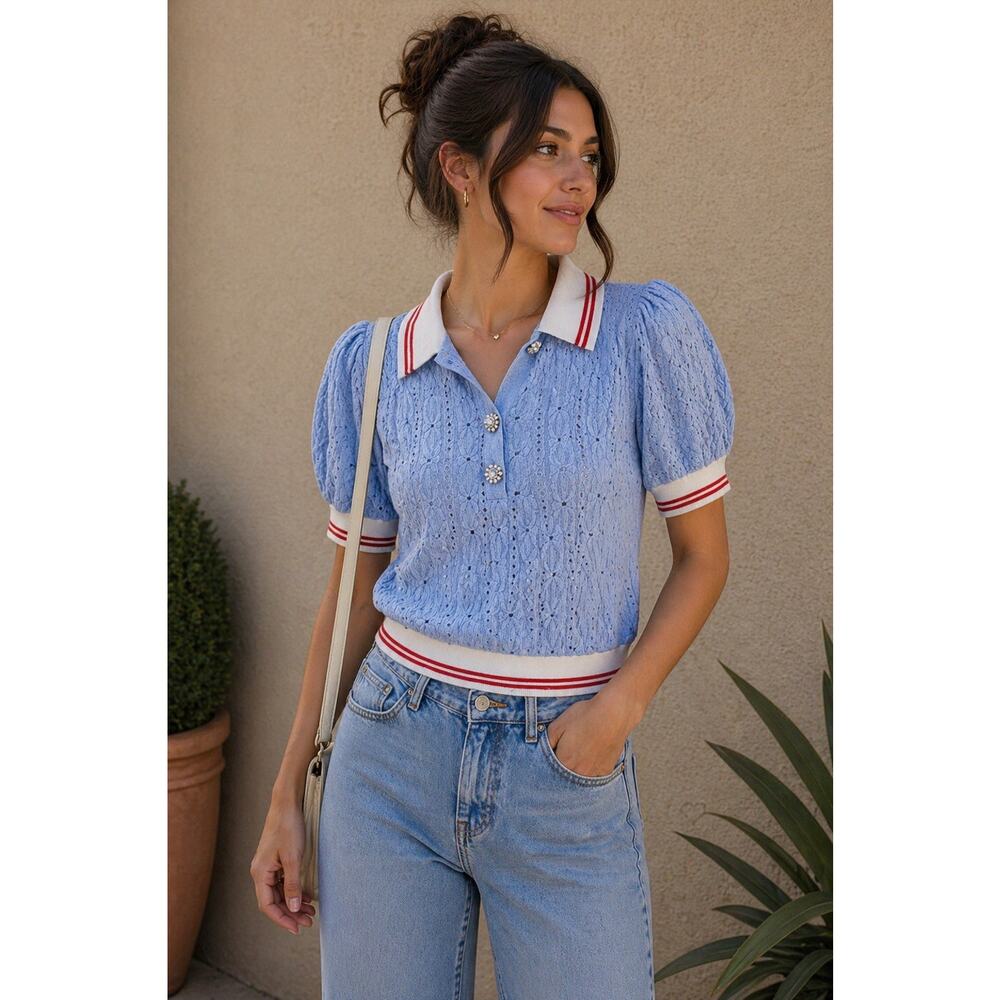 Anthropologie Maeve Puff Sleeve Eyelet Polo Top Blue Red White Medium NWT